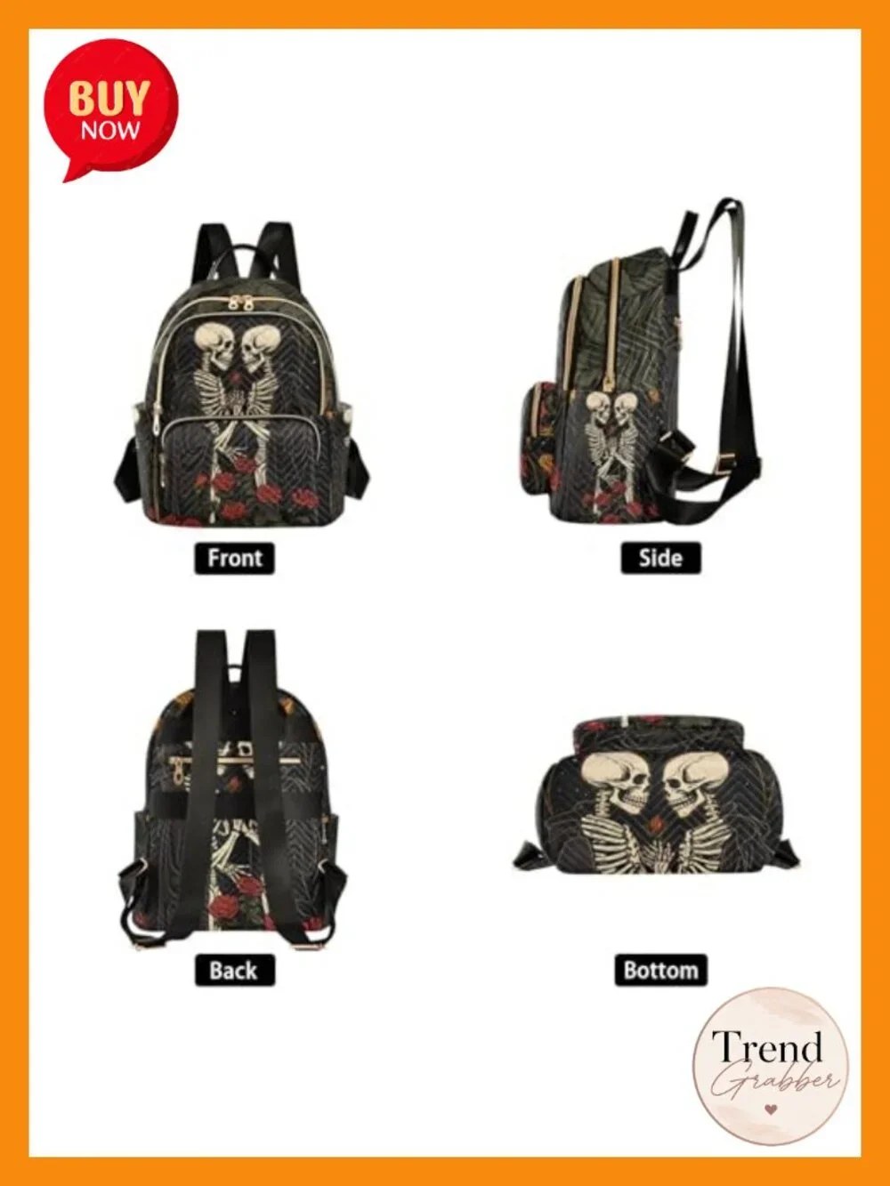 Skull in Love Women's Quilted Nylon Backpack Purse with Rose Print, Anti-Theft